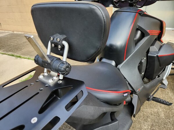 Sargent's Universal EM-5 Backrest on Sargent's Rear Rack on the Can-Am Ryker Motorcycle.